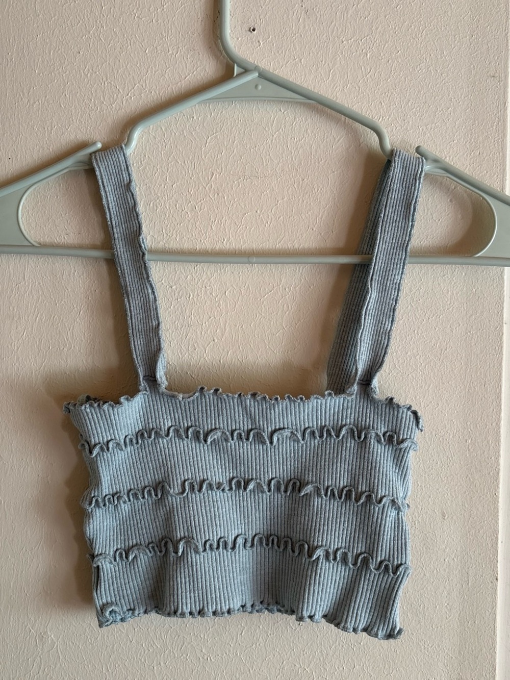 Zara Pale Blue Ribbed Ruffle Crop Top